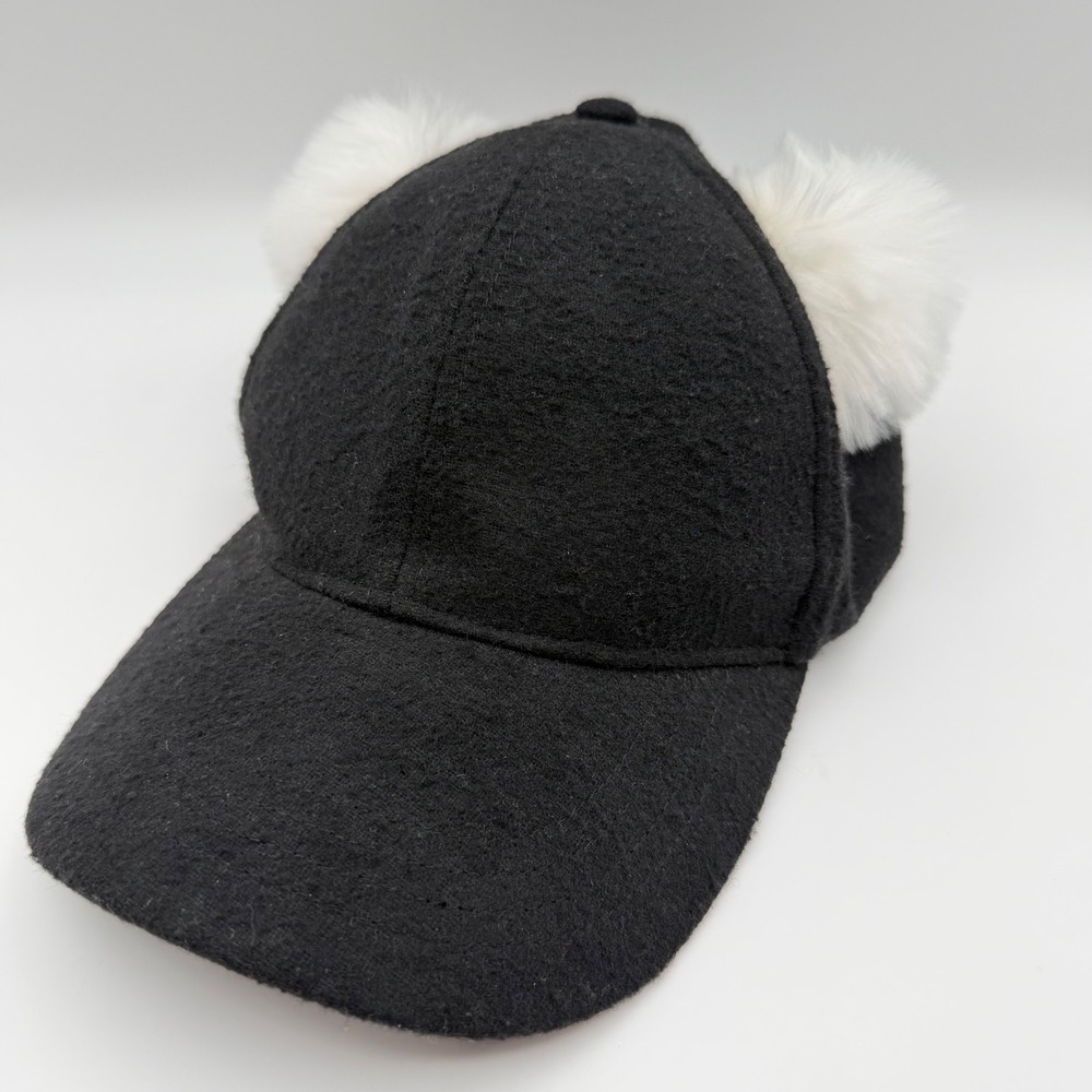 Free Press Black Baseball Cap with White Faux Fur Pom Pom Ears Womens Wool Blend